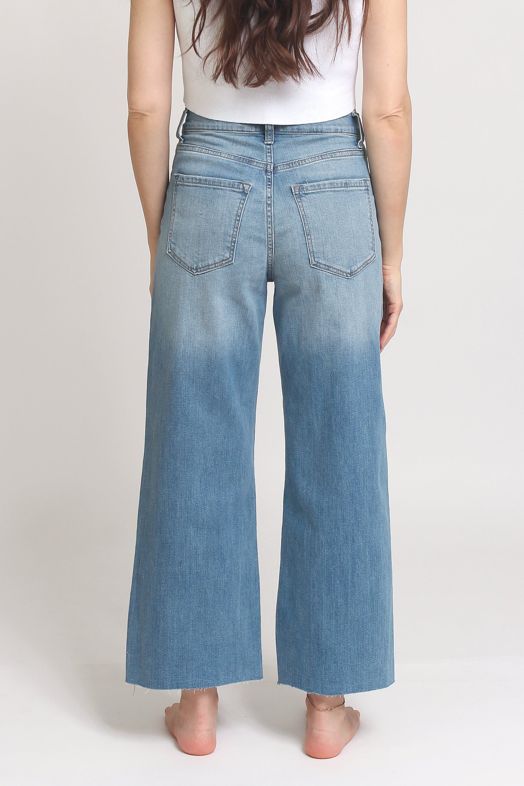 High waist, cut off cropped jeans, in Med/Light. Image 10