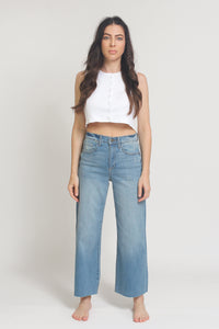 High waist, cut off cropped jeans, in Med/Light.