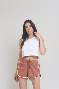 Lace up terry cloth shorts, in Copper. Image 2