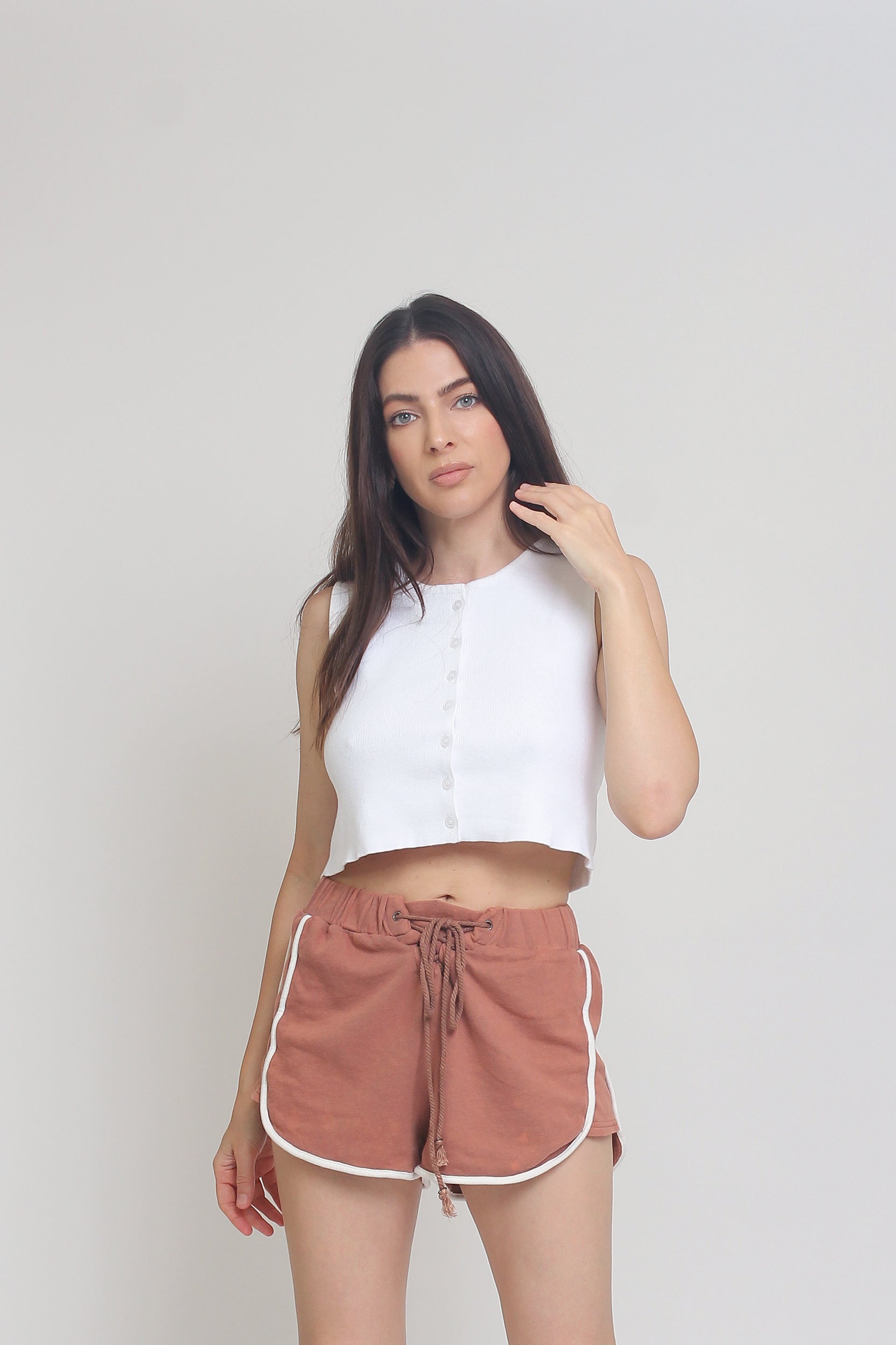 Lace up terry cloth shorts, in Copper. Image 2