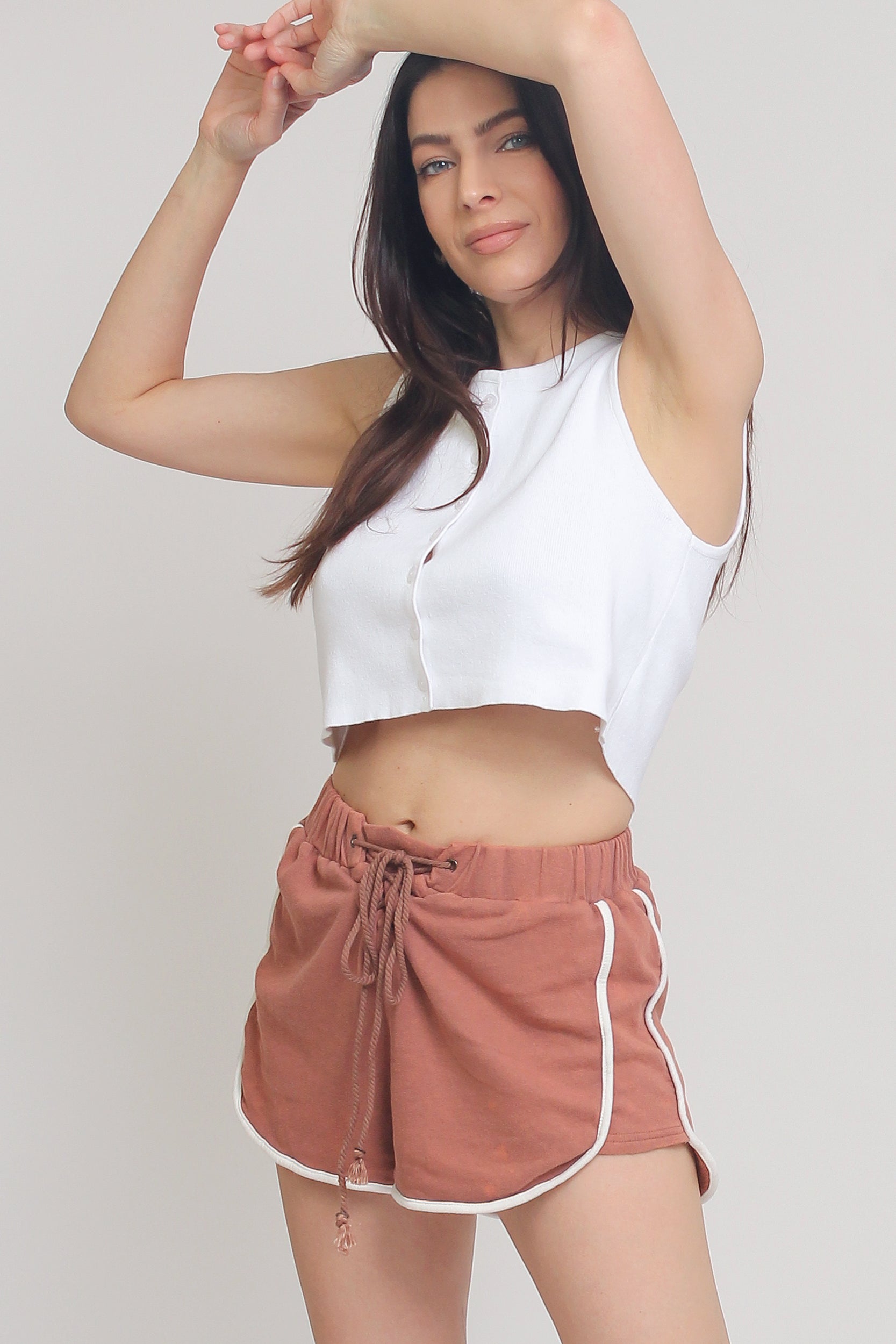 Lace up terry cloth shorts, in Copper. Image 3