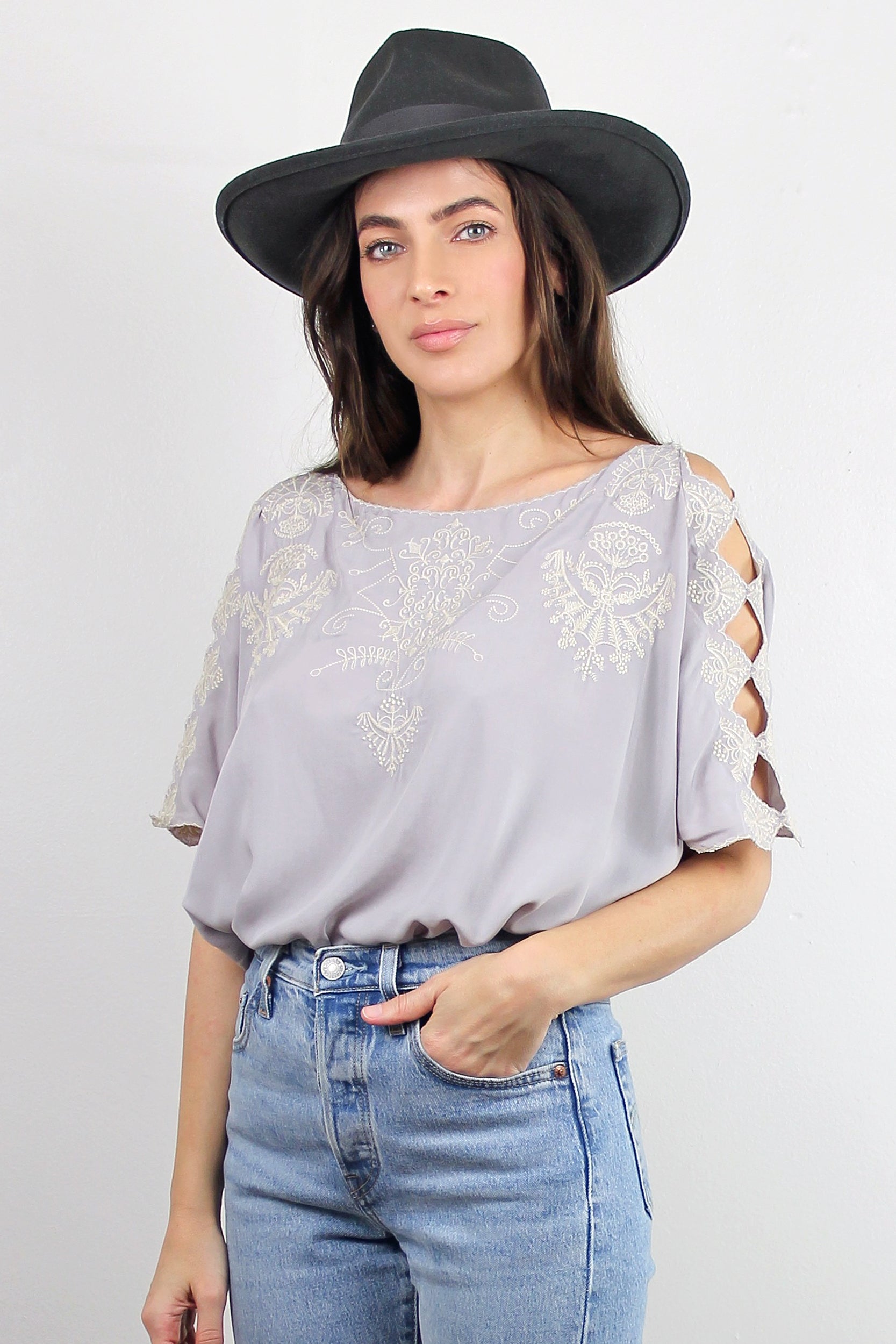 Embroidered top with cutout sleeve detail, in Lavender Grey. Image 3