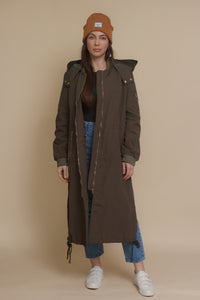 Long bomber style jacket, in olive. Image 10