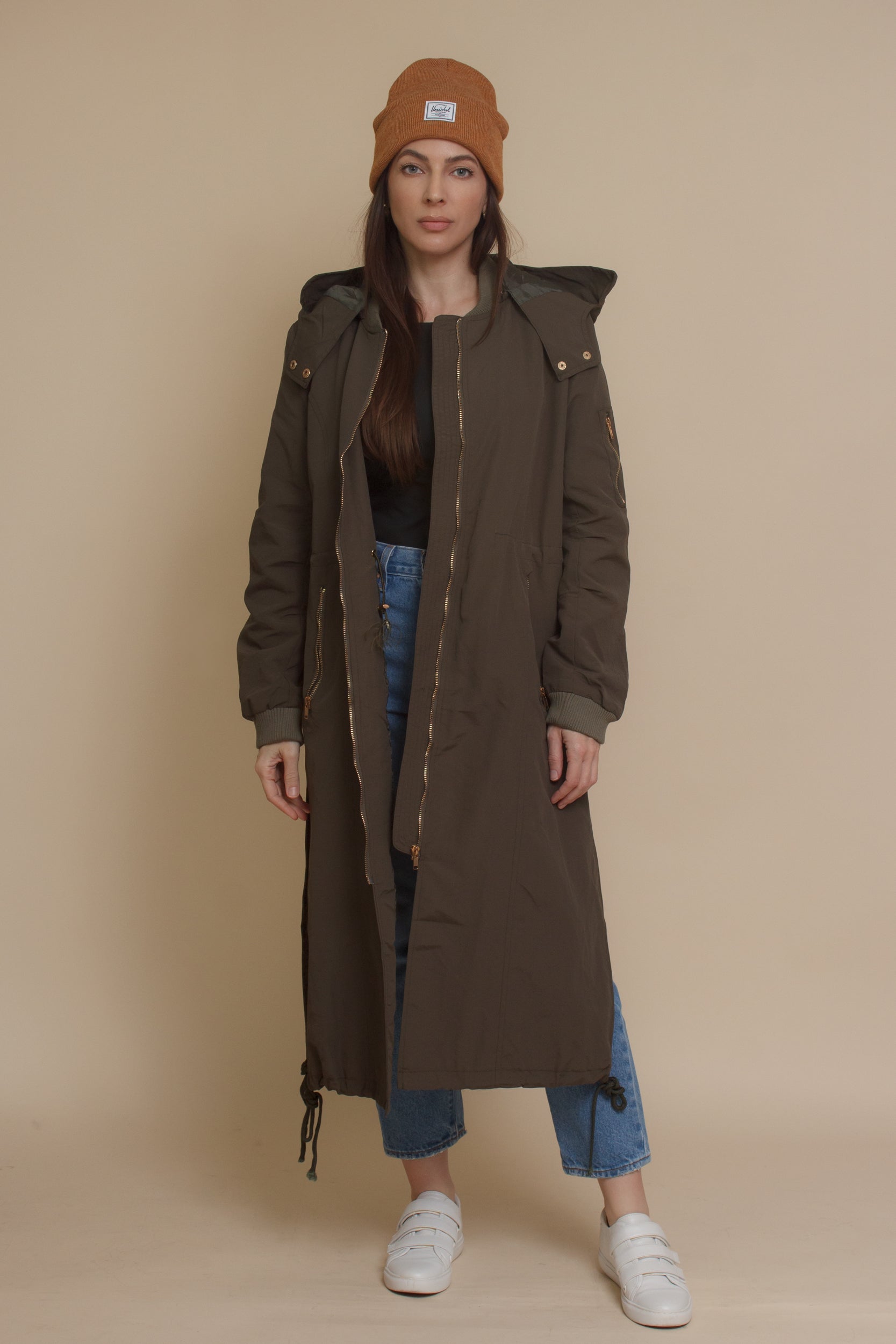 Long bomber style jacket, in olive. Image 10