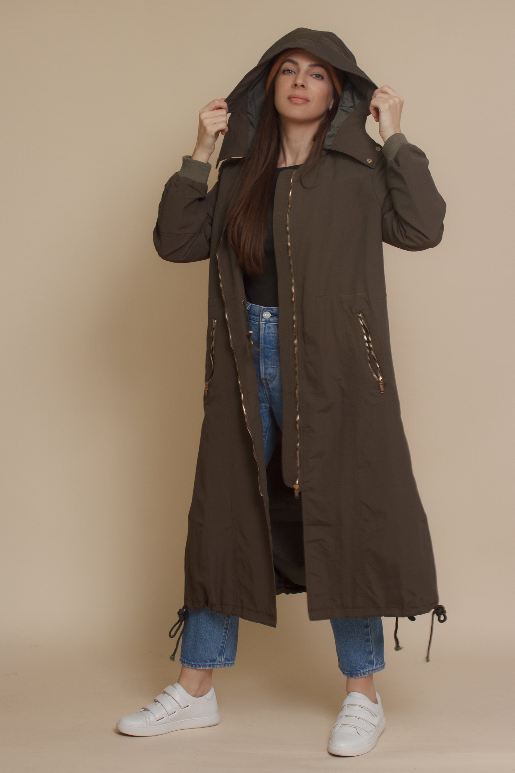Long bomber style jacket, in olive. Image 12