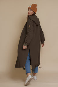 Long bomber style jacket, in olive. Image 14