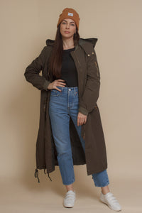 Long bomber style jacket, in olive. Image 15