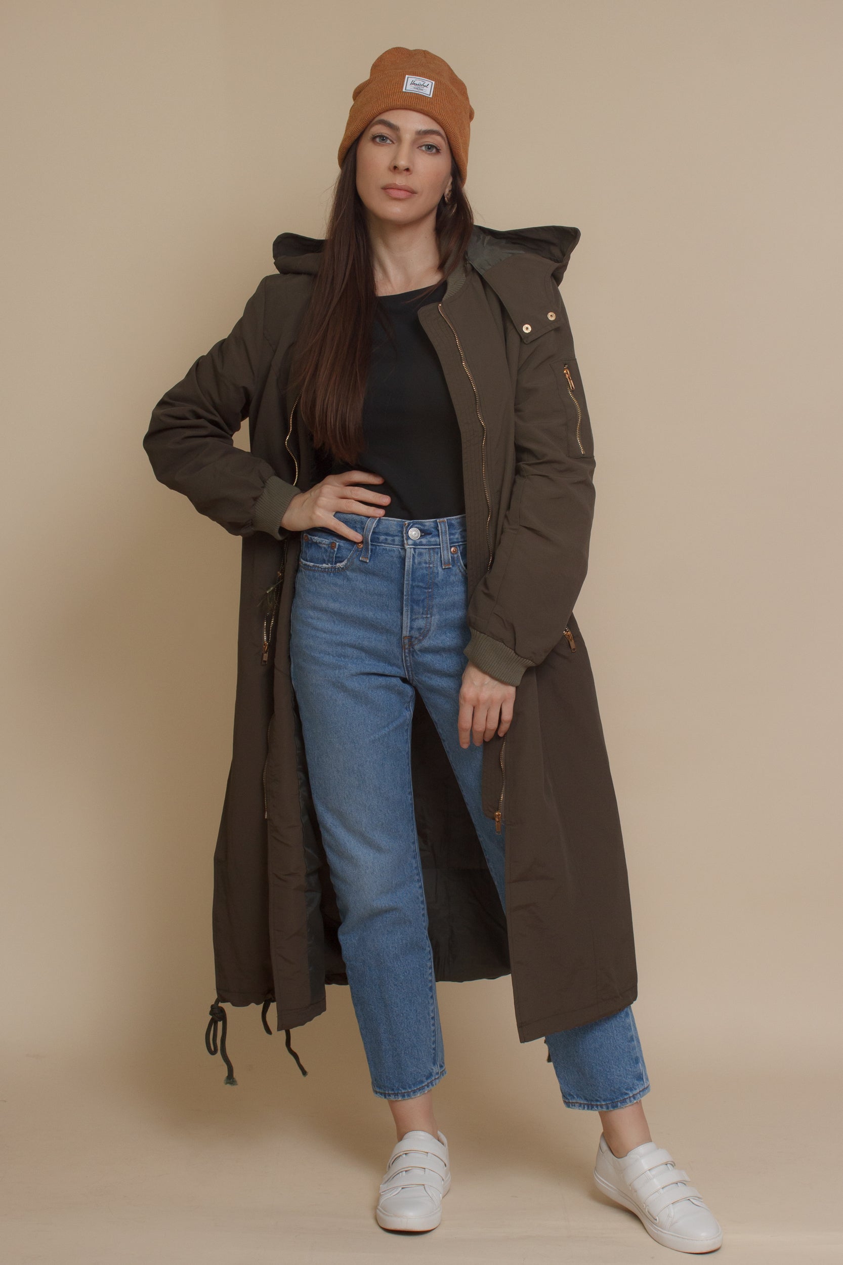 Long bomber style jacket, in olive. Image 15
