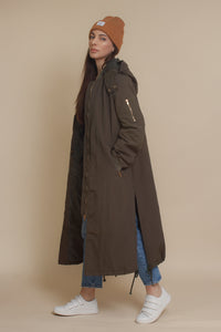 Long bomber style jacket, in olive. Image 16