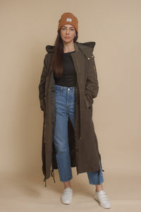 Long bomber style jacket, in olive. Image 17