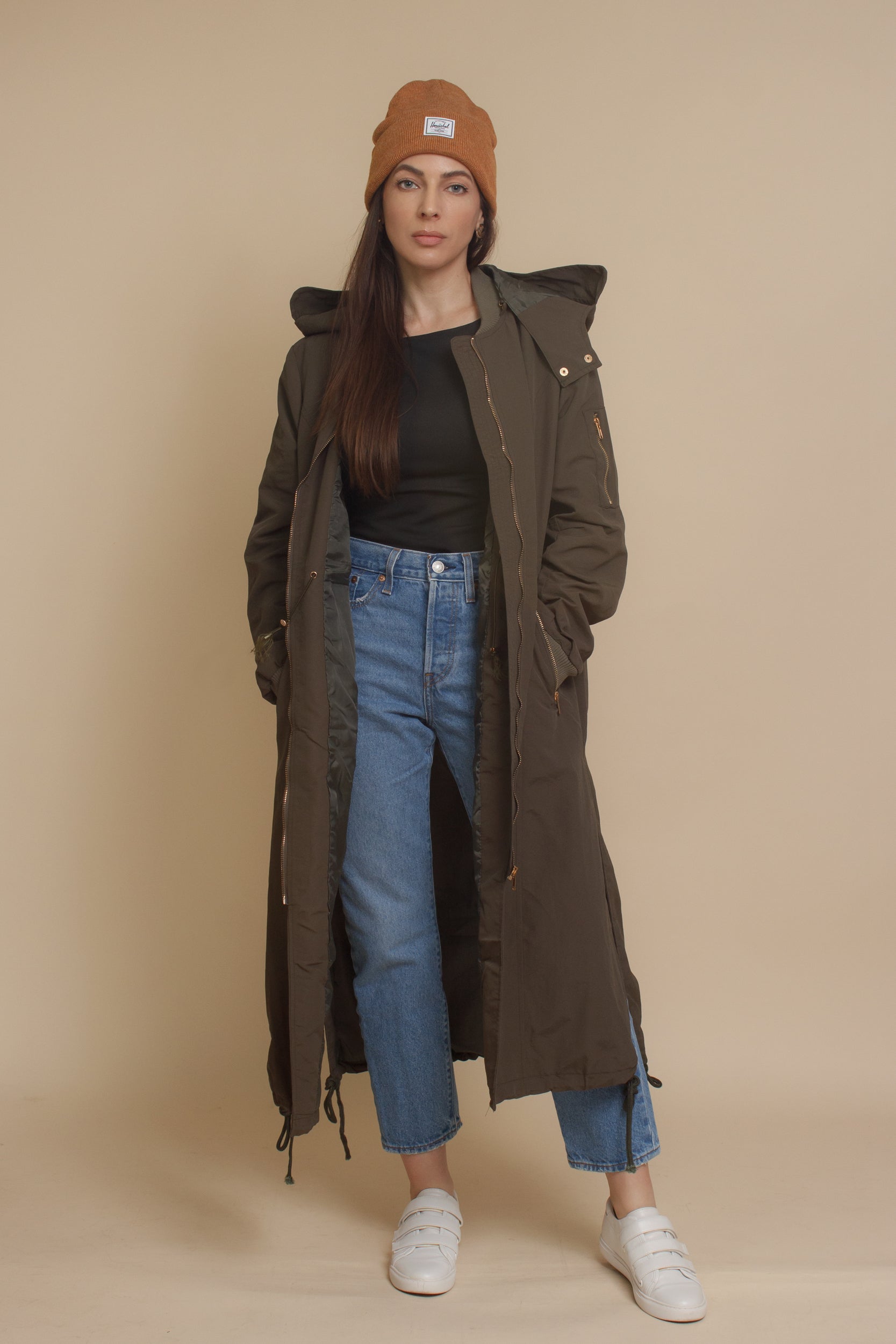 Long bomber style jacket, in olive. Image 17