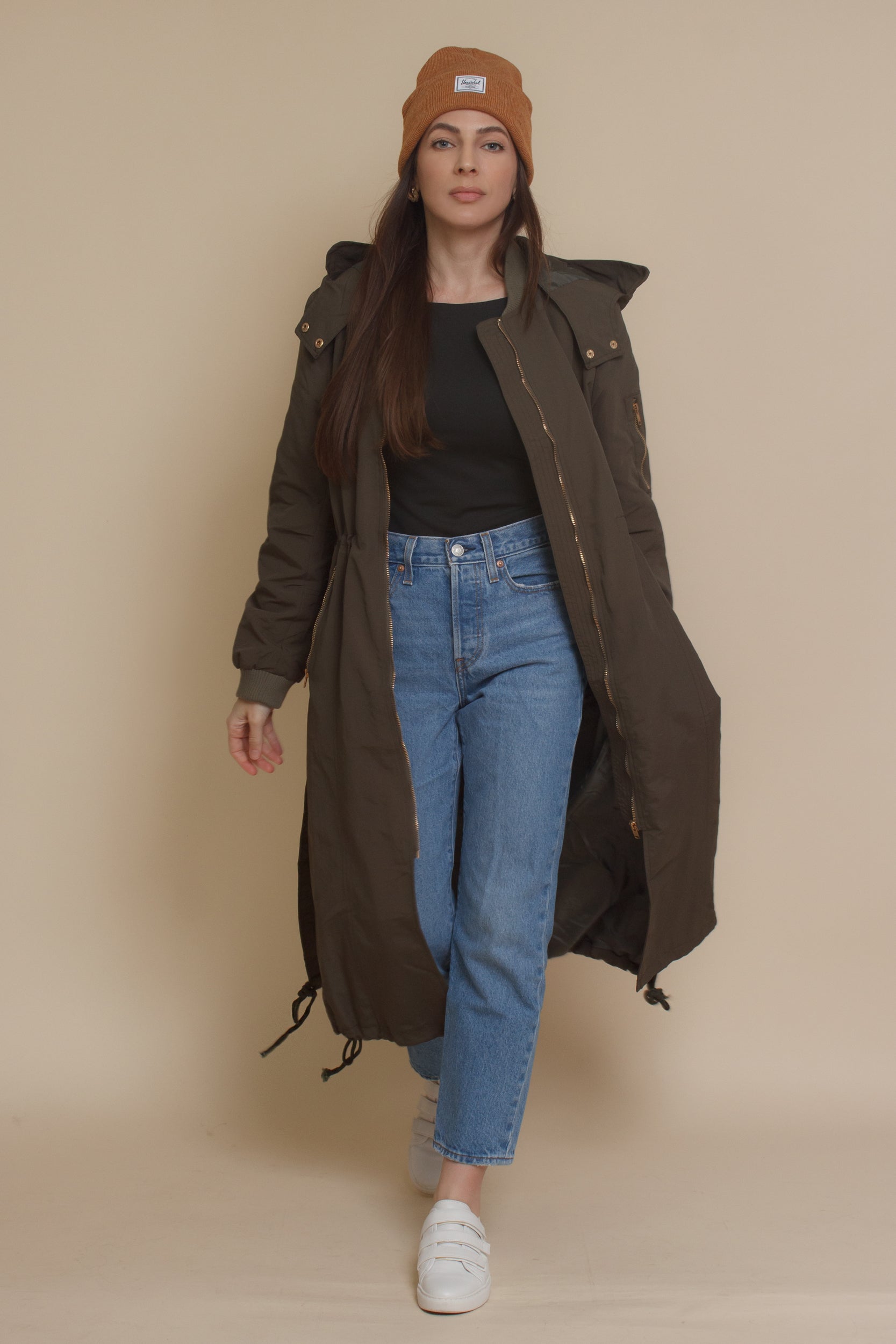 Long bomber style jacket, in olive. Image 3