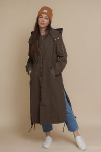 Long bomber style jacket, in olive. Image 4