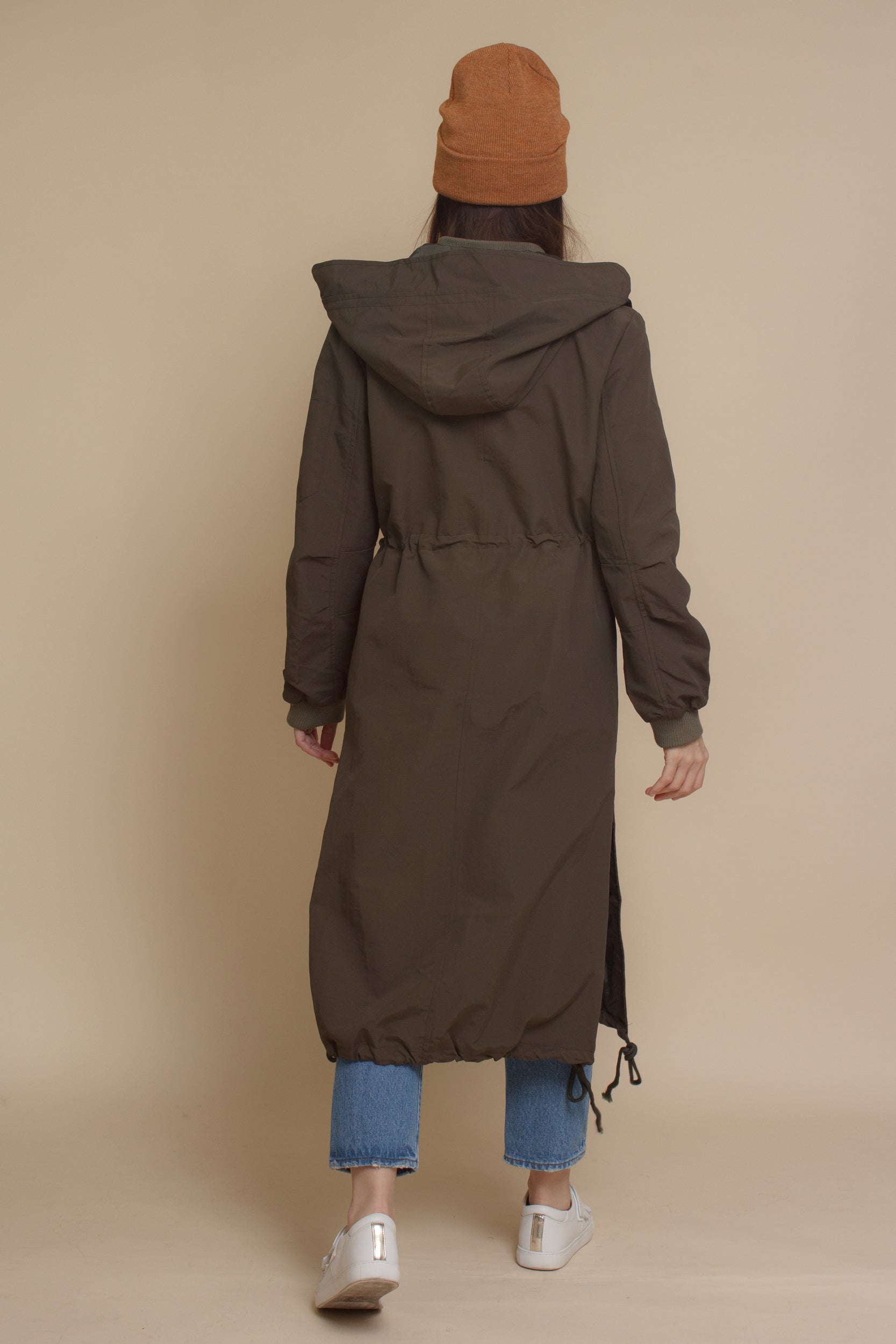 Long bomber style jacket, in olive. Image 7