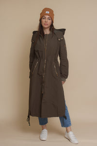 Long bomber style jacket, in olive. Image 8