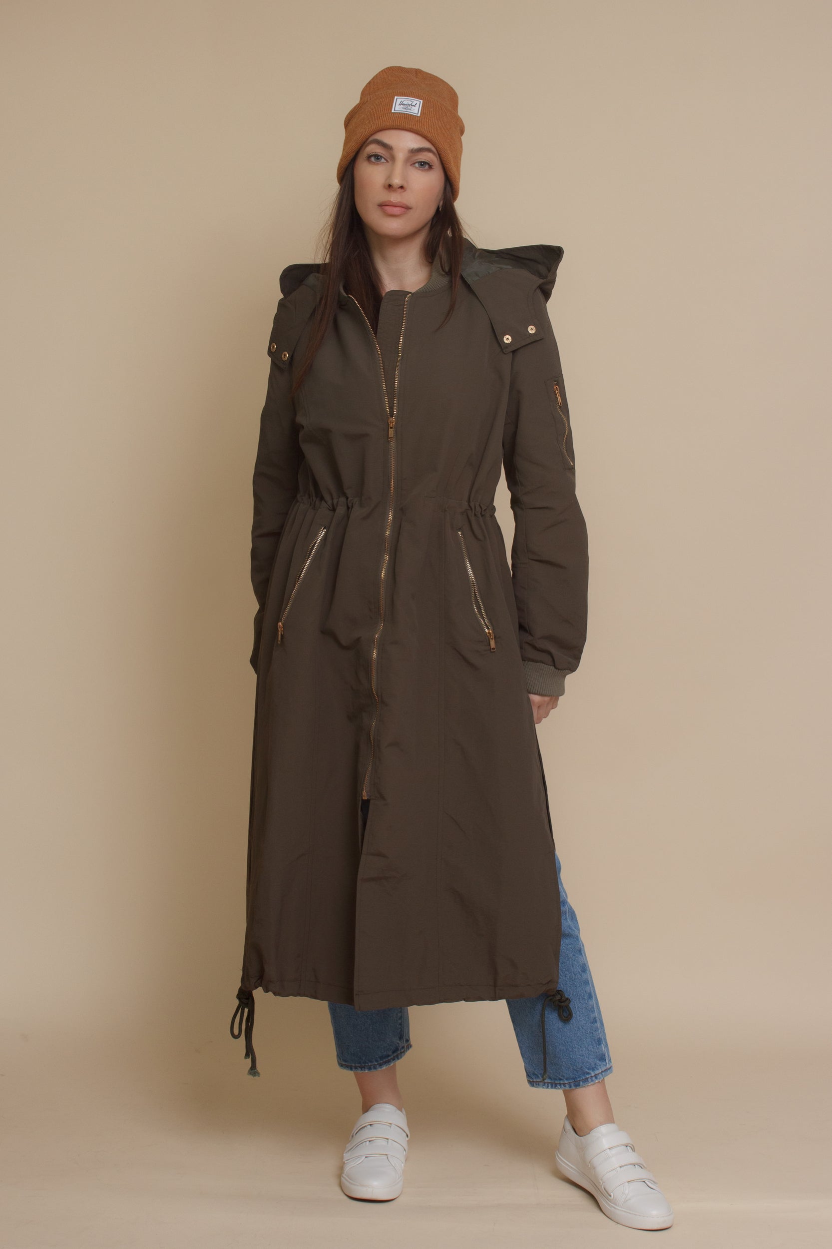 Long bomber style jacket, in olive. Image 8