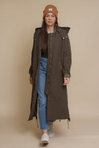 Long bomber style jacket, in olive. Image 9