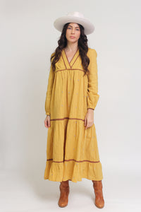 Tiered, embroidered midi dress, in golden rod. Image 2