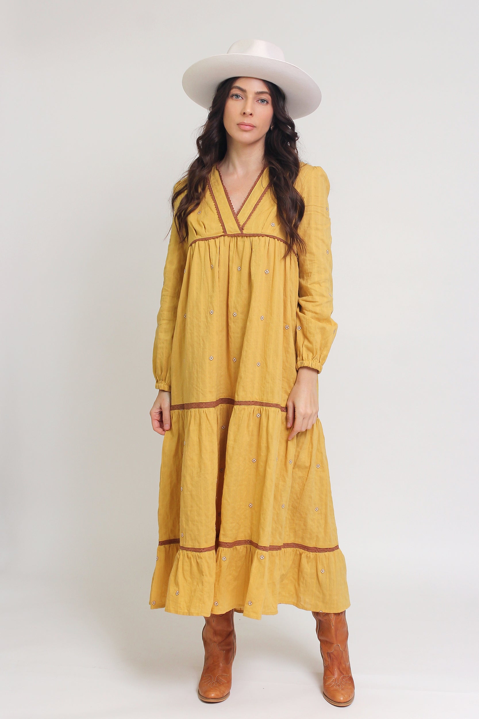 Tiered, embroidered midi dress, in golden rod. Image 2