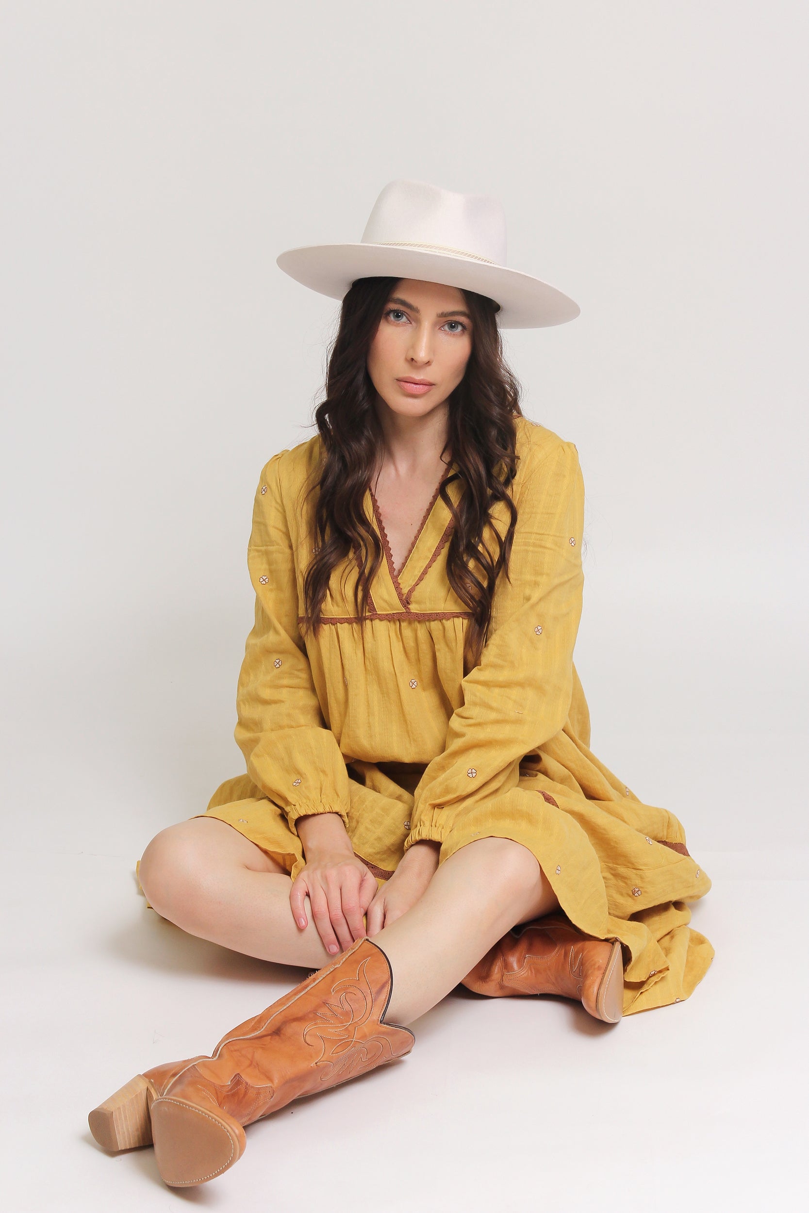 Tiered, embroidered midi dress, in golden rod. Image 13