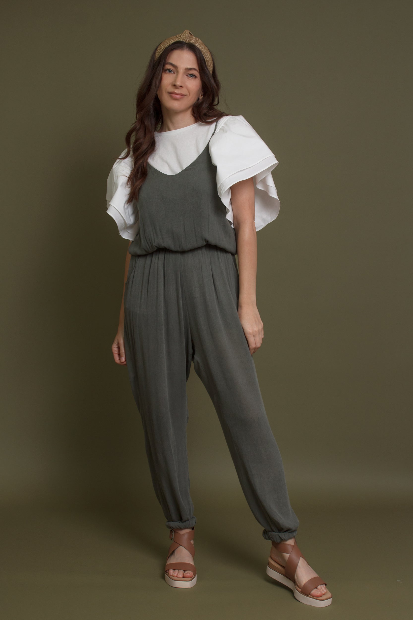 Sleeveless jumpsuit, in olive. Image 7