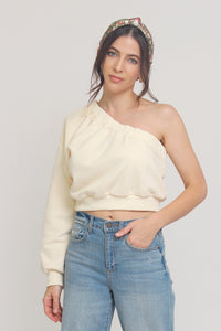 One shoulder cropped sweatshirt, in Cream. Image 4