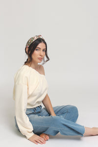 One shoulder cropped sweatshirt, in Cream. Image 5