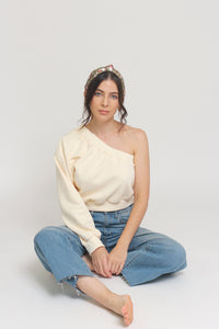 One shoulder cropped sweatshirt, in Cream. Image 6