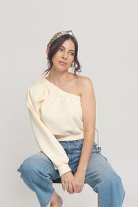 One shoulder cropped sweatshirt, in Cream. Image 7