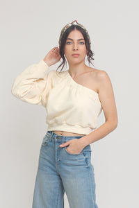 One shoulder cropped sweatshirt, in Cream. Image 8