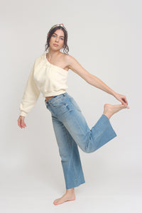 One shoulder cropped sweatshirt, in Cream. Image 9