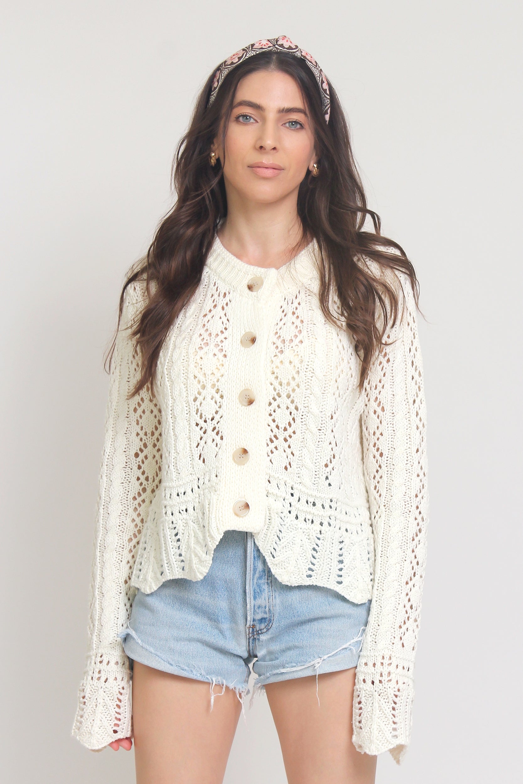 Pointelle knit cardigan, in Off White. Image 2