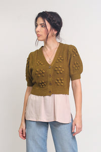 Pom pom sweater cardigan, in olive. Image 4