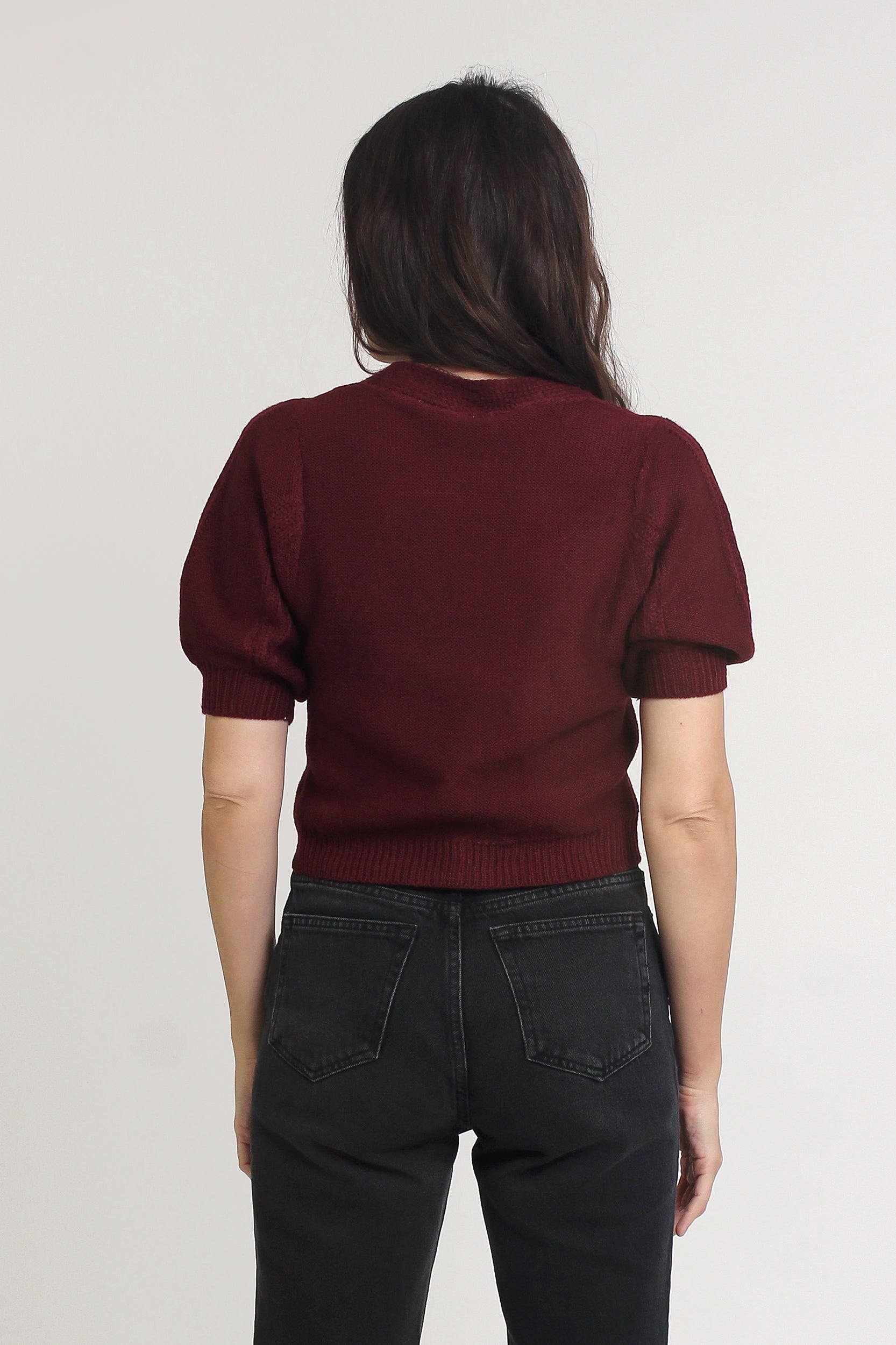 Cropped pom pom puff sleeve cardigan, in mulberry. Image 2