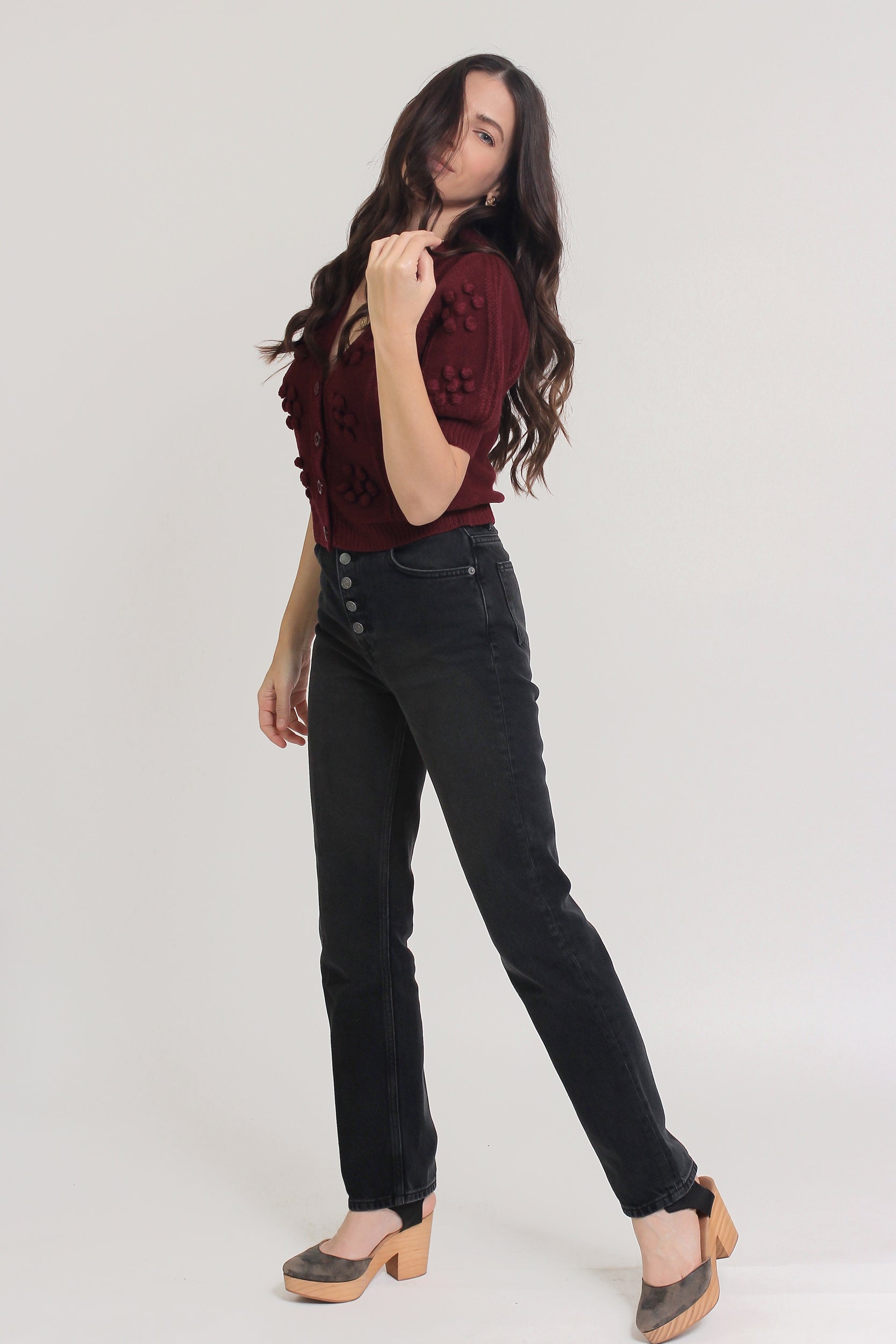 Cropped pom pom puff sleeve cardigan, in mulberry.