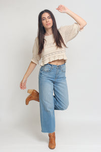 Jacquard sweater top with puff sleeves, in natural. Image 10