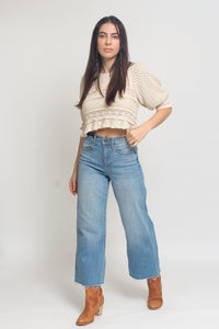 Jacquard sweater top with puff sleeves, in natural. Image 11