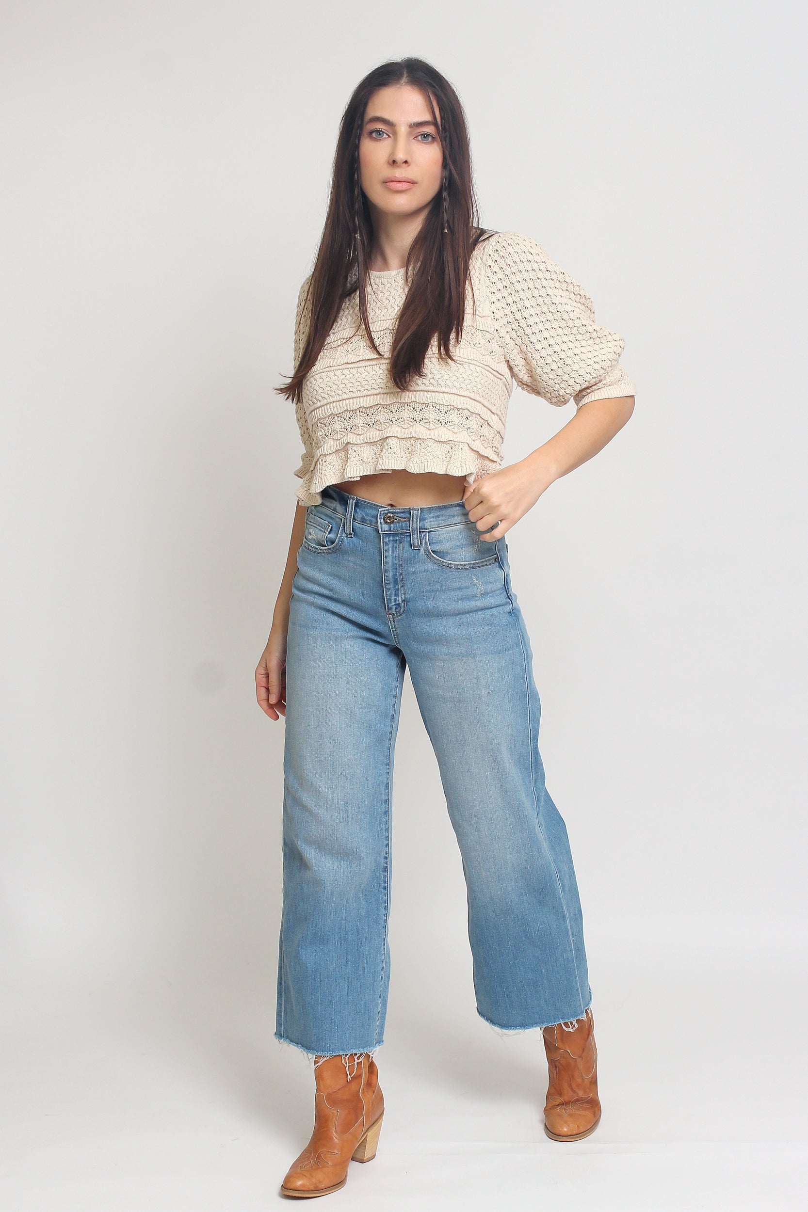 Jacquard sweater top with puff sleeves, in natural. Image 11