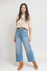 Jacquard sweater top with puff sleeves, in natural. Image 5