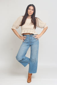 Jacquard sweater top with puff sleeves, in natural. Image 6