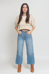 Jacquard sweater top with puff sleeves, in natural. Image 9