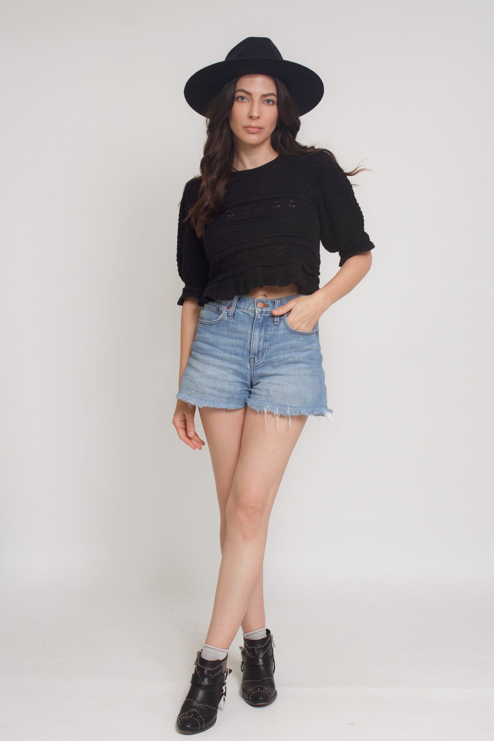 Jacquard sweater top with puff sleeves, in black. Image 4