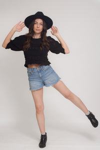 Jacquard sweater top with puff sleeves, in black. Image 7