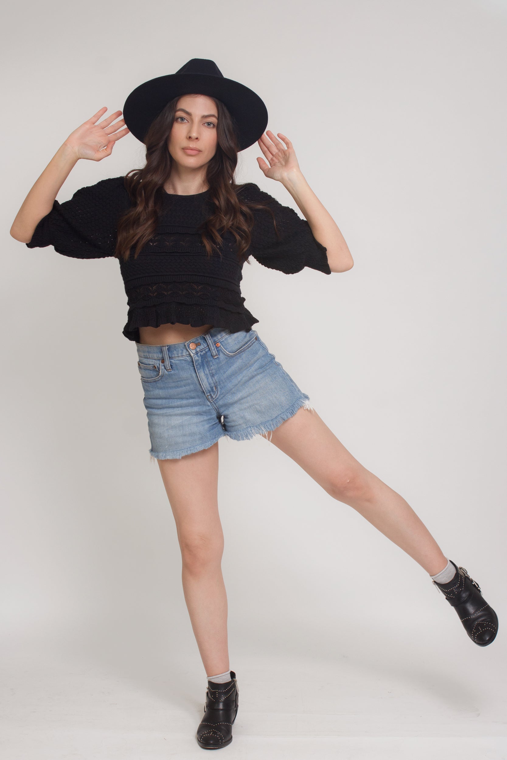 Jacquard sweater top with puff sleeves, in black. Image 7