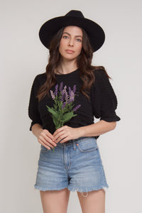 Jacquard sweater top with puff sleeves, in black. Image 8