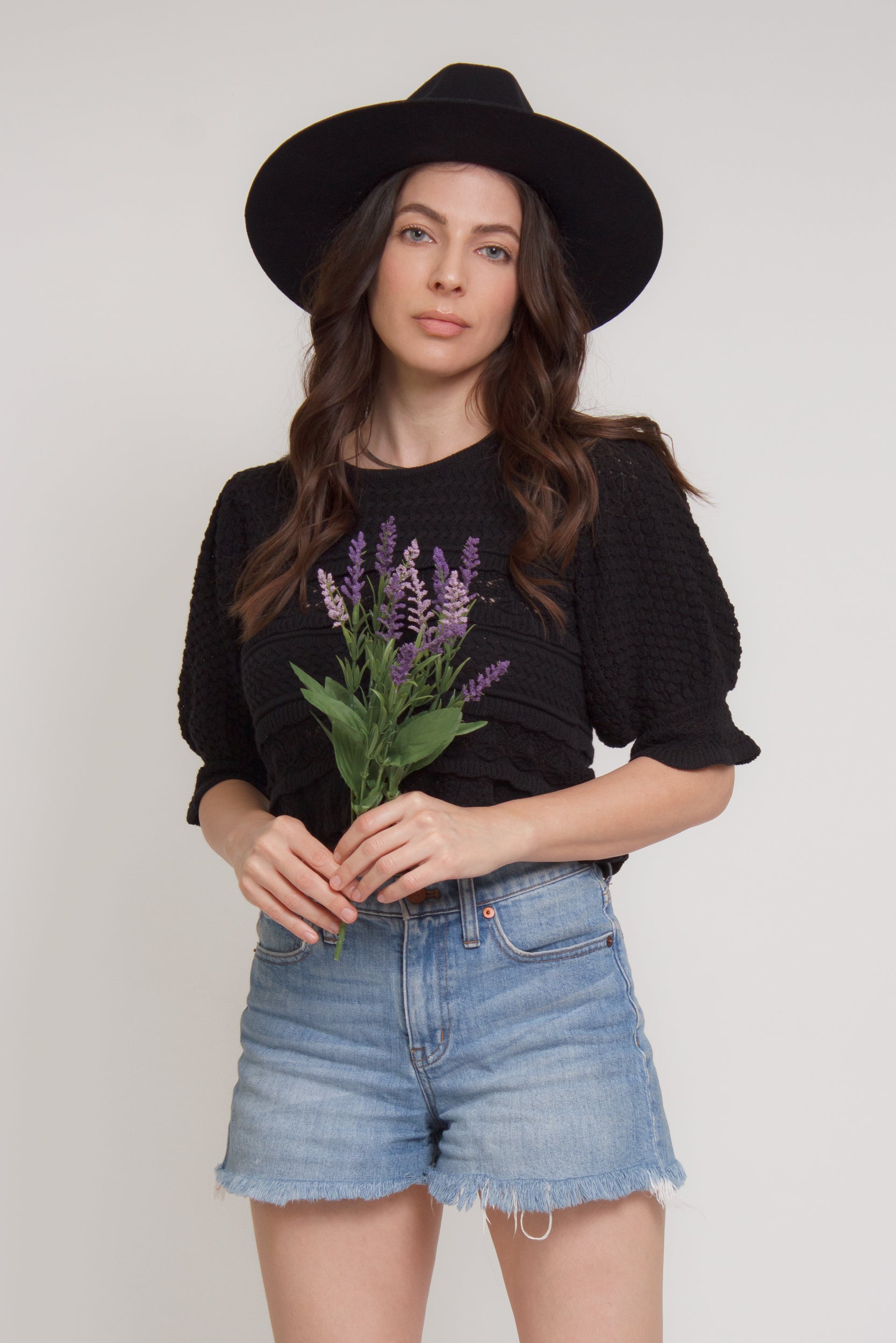 Jacquard sweater top with puff sleeves, in black. Image 8