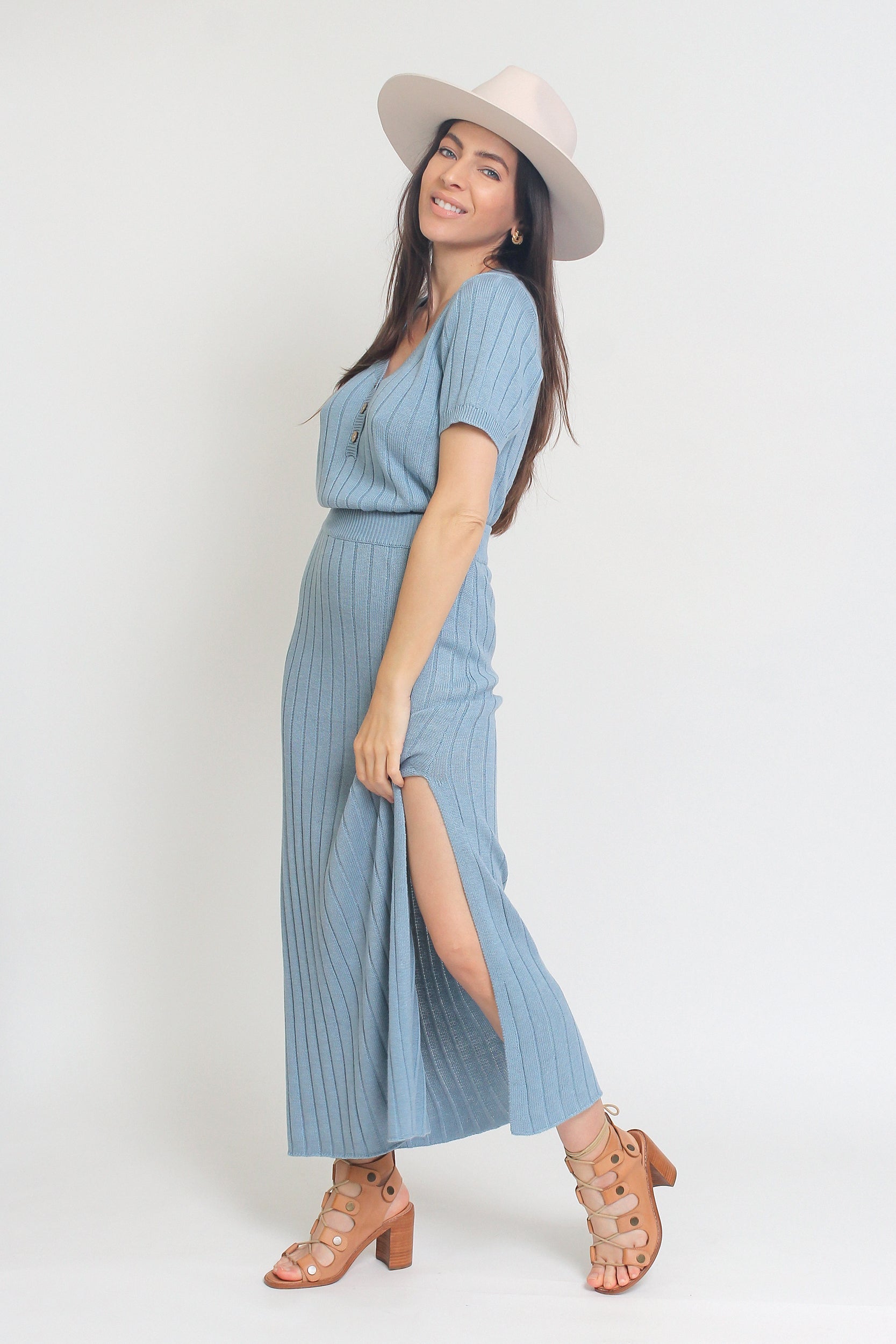 Knit midi skirt set, in Pearl Blue. Image 2
