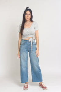Snap front cropped tee shirt, with wrap around tie, in Grey. Image 5