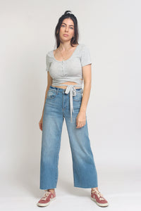 Snap front cropped tee shirt, with wrap around tie, in Grey. Image 7