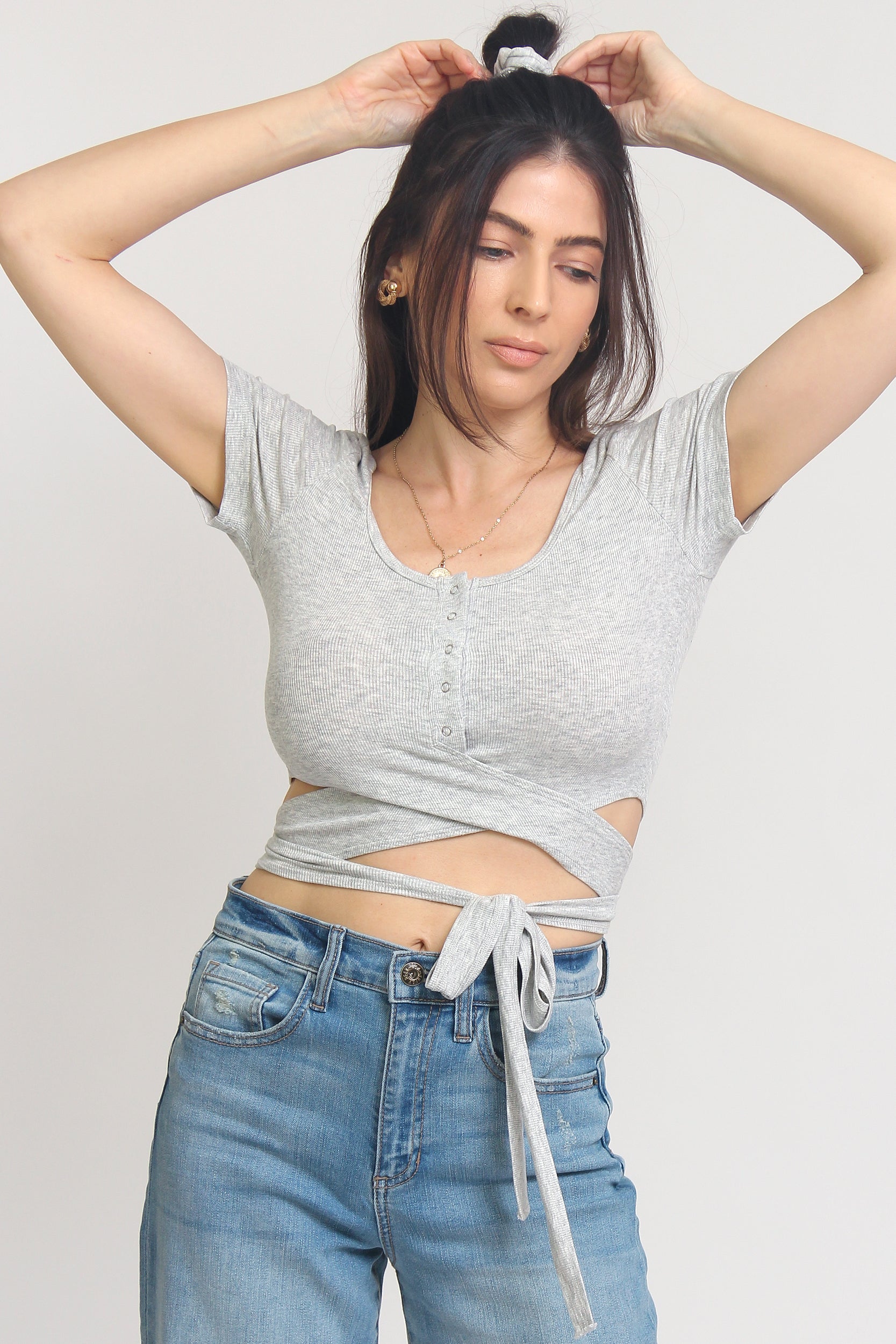 Snap front cropped tee shirt, with wrap around tie, in Grey. Image 8